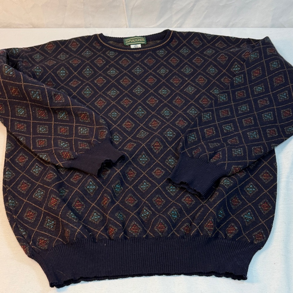 J. McLaughlin Men’s Navy Diamond Pattern Crewneck Wool Sweater
